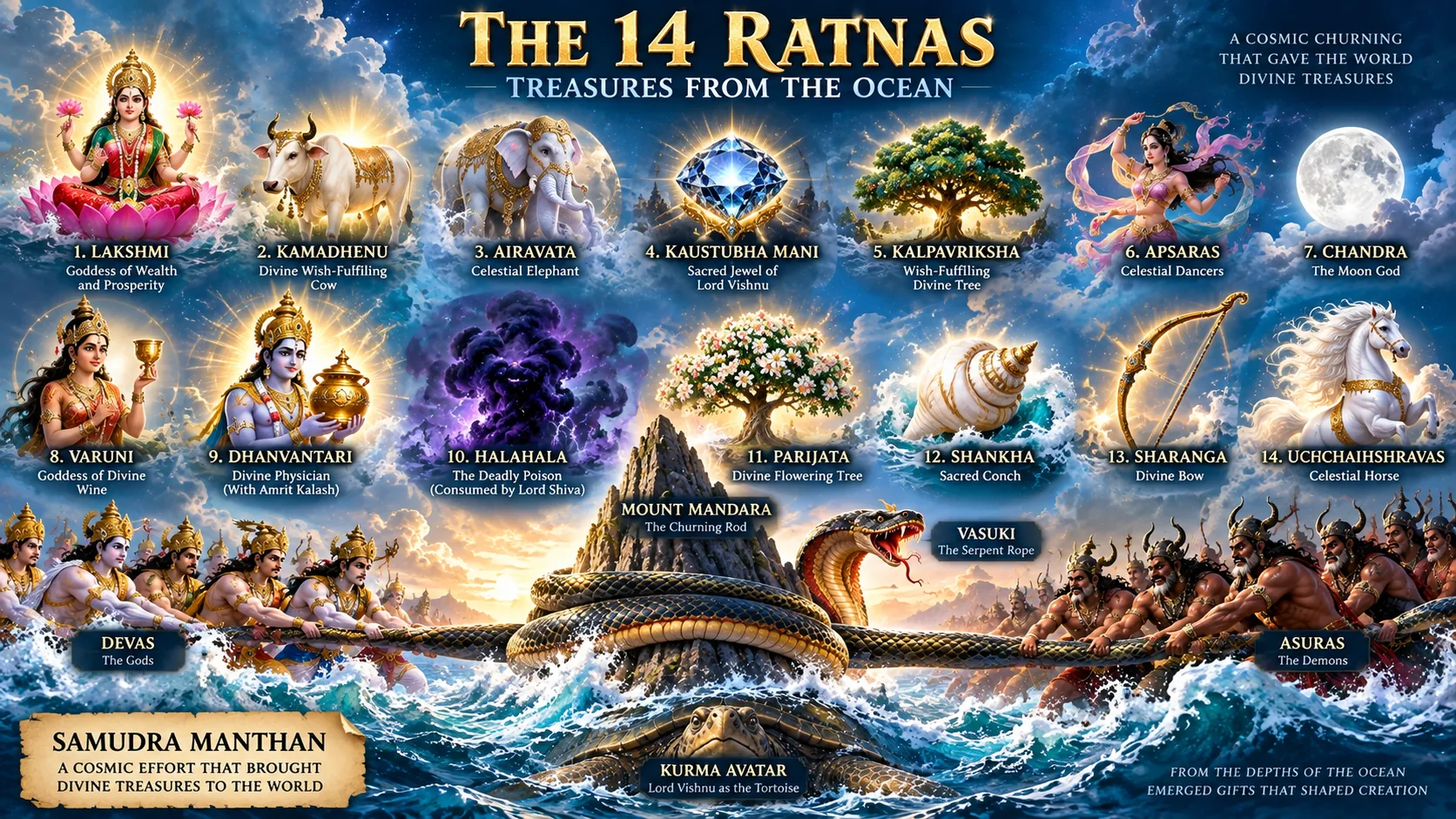 Collage of 14 ratnas emerging from ocean