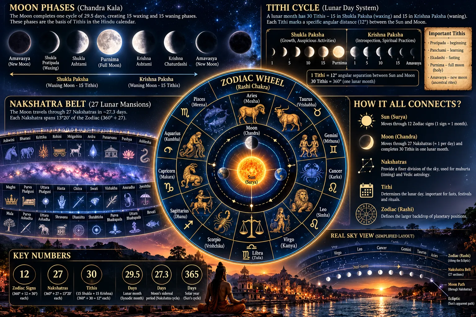 Moon phases, tithi cycle, nakshatra belt and zodiac wheel infographic