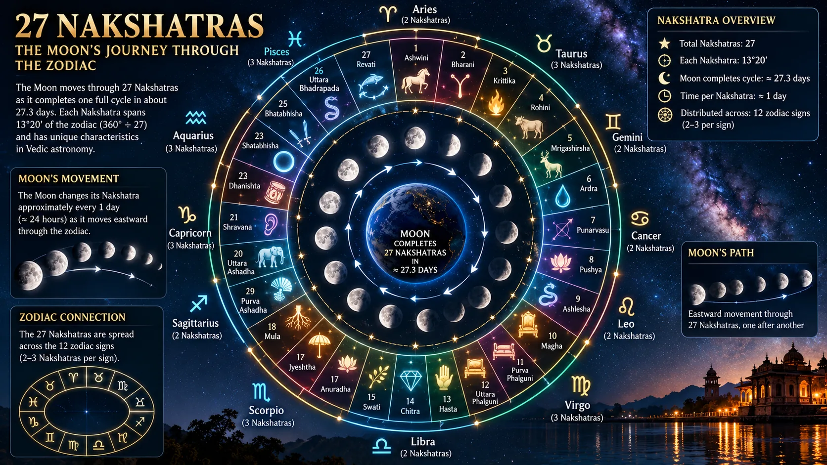 Cosmic Journey Through 27 Nakshatras