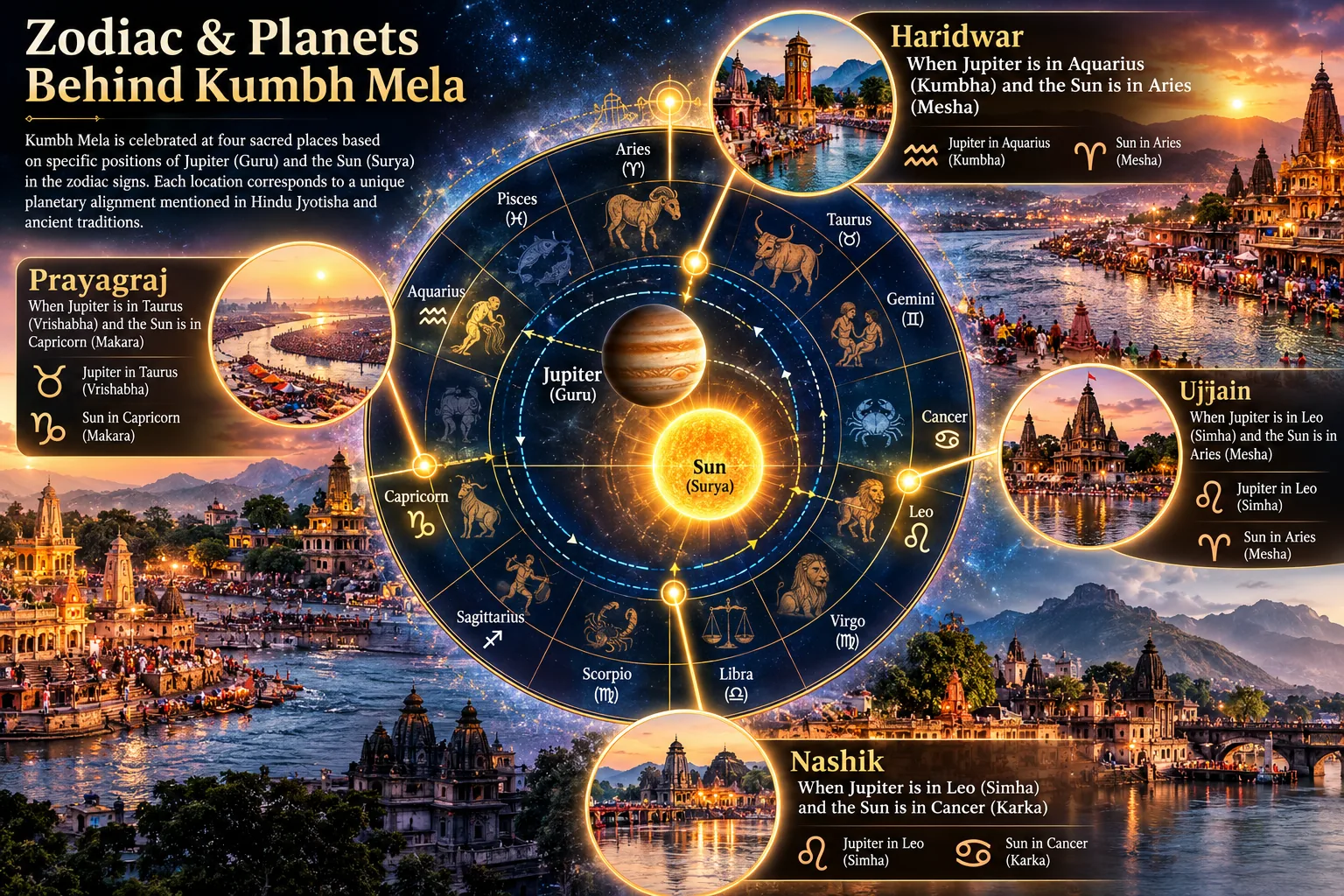 Illustration of the zodiac wheel showing Jupiter and Sun positions connected to the four Kumbh locations