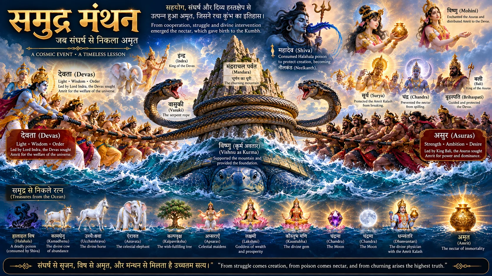 Detailed depiction of Samudra Manthan roles