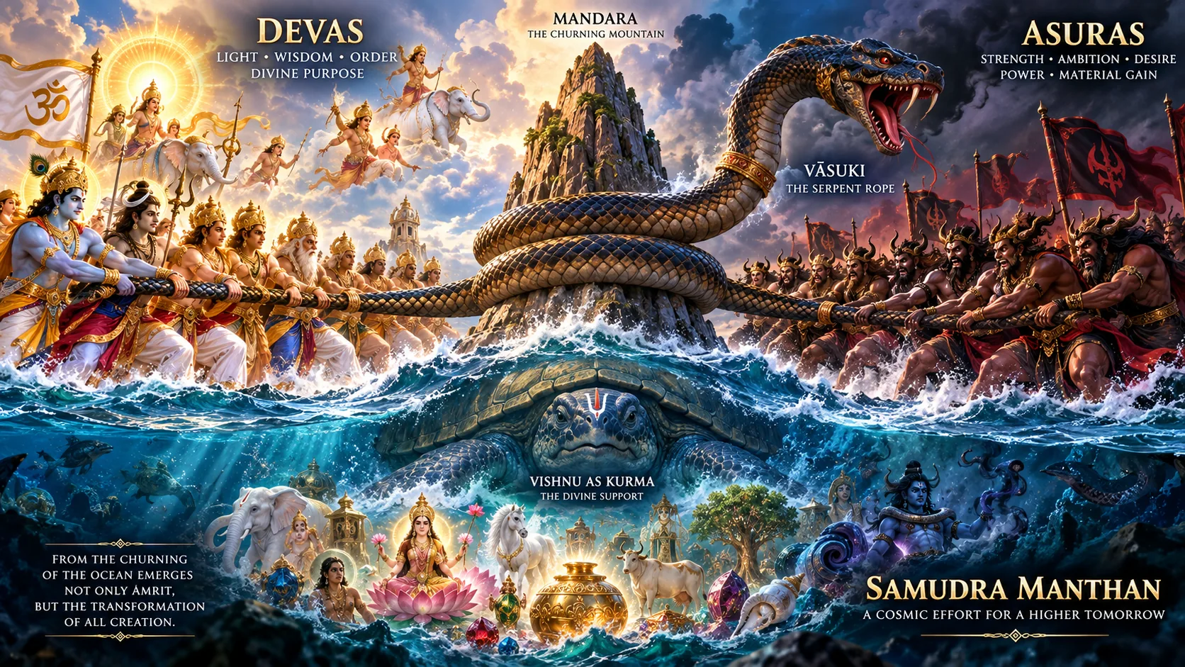 Devas and Asuras pulling Vasuki during Samudra Manthan