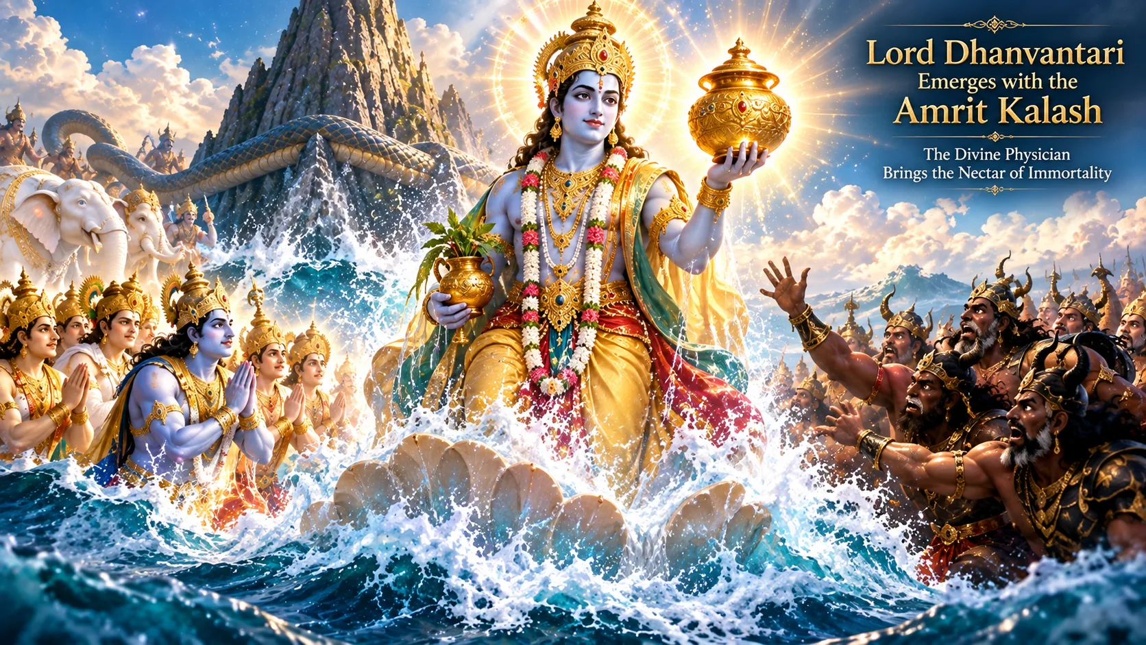Dhanvantari emerging with Amrit Kalash