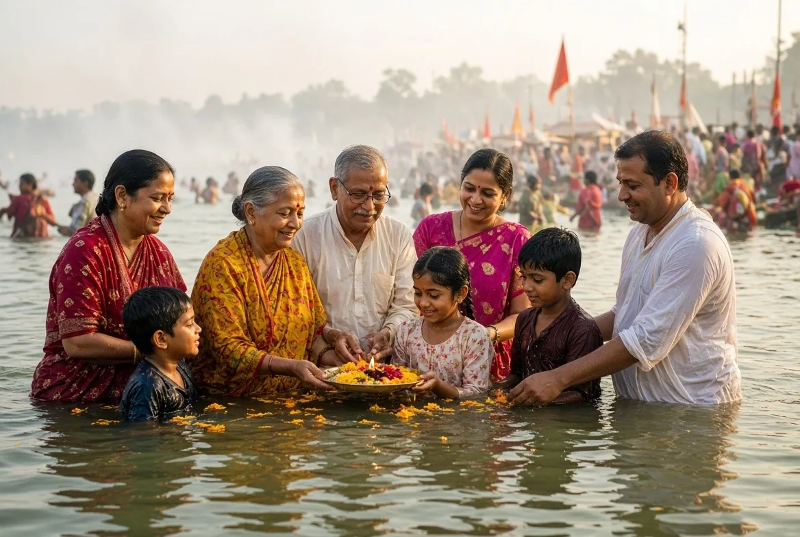 Families performing rituals at riverbank