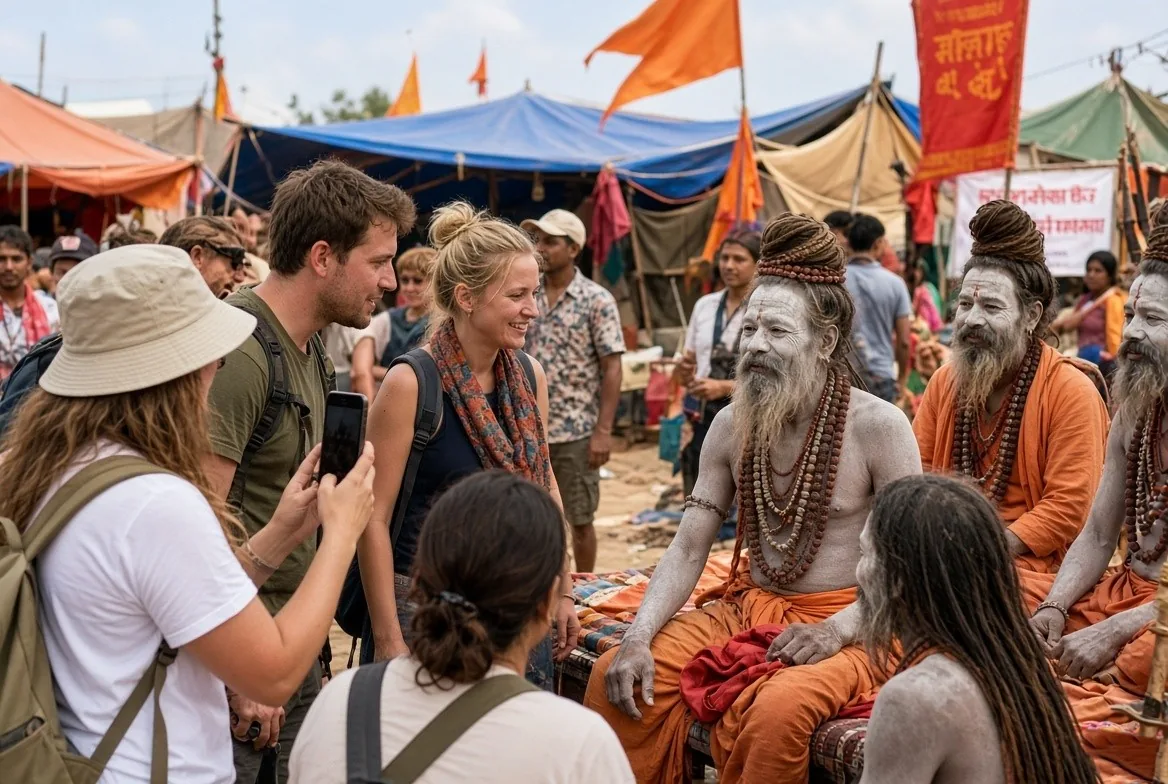 Foreign tourists interacting with sadhus