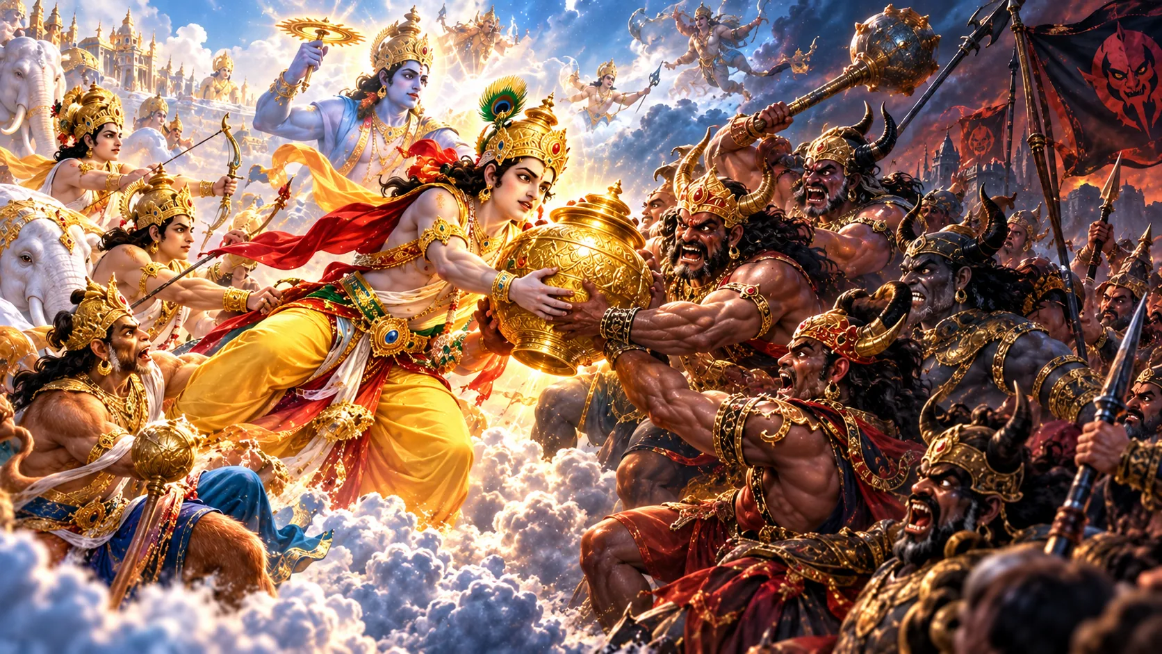 Gods and demons fighting over Amrit Kalash
