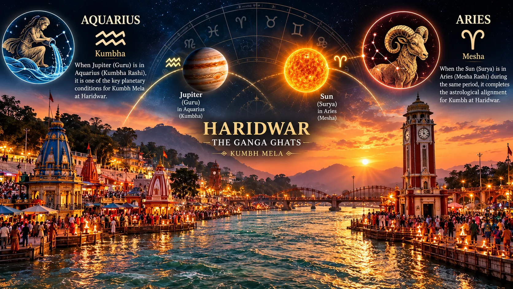 Haridwar Ganga ghats with Aquarius and Aries zodiac symbols