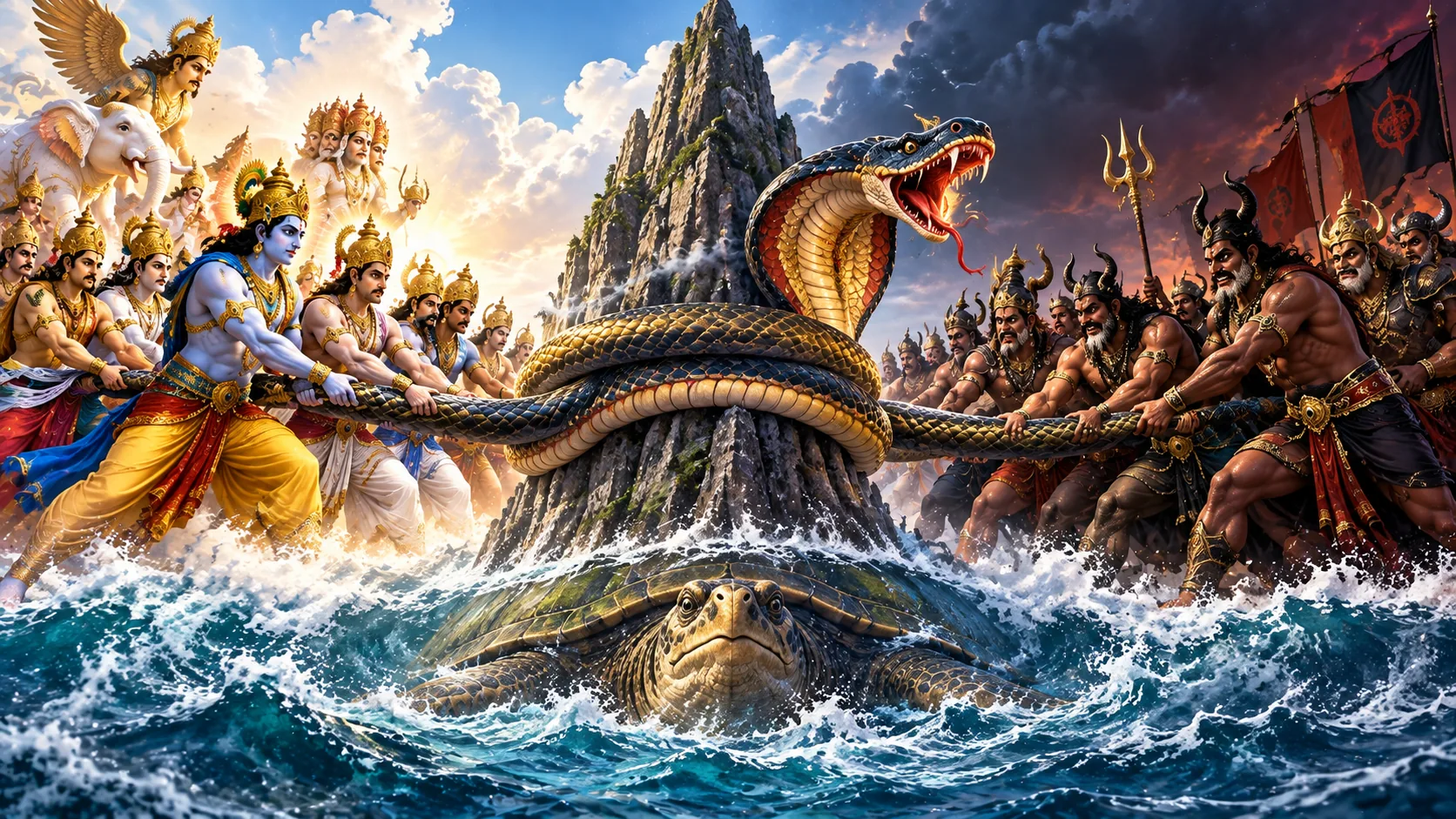 Illustration of devas and asuras preparing for Samudra Manthan