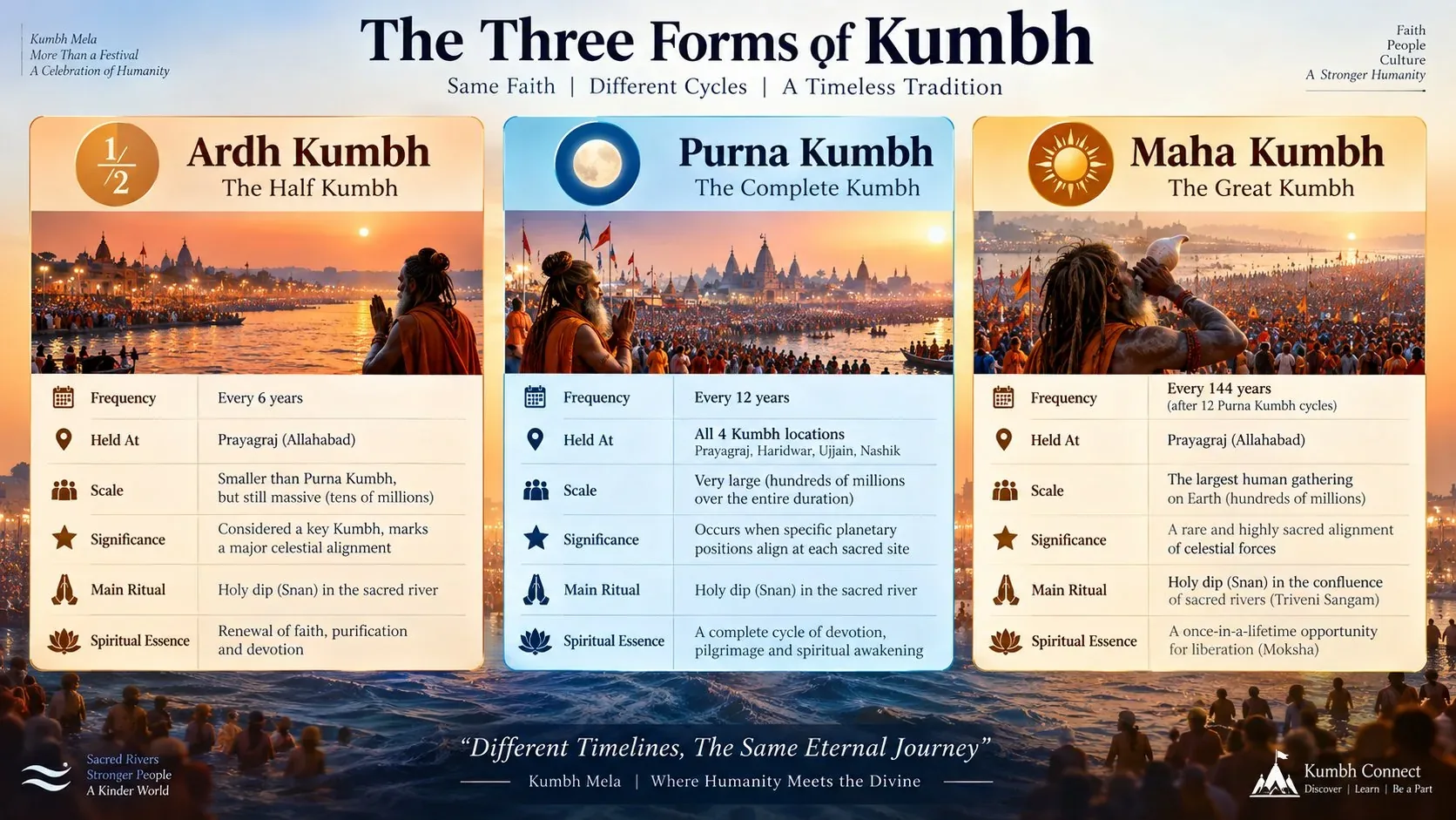 Infographic comparing Ardh, Purna, Maha Kumbh
