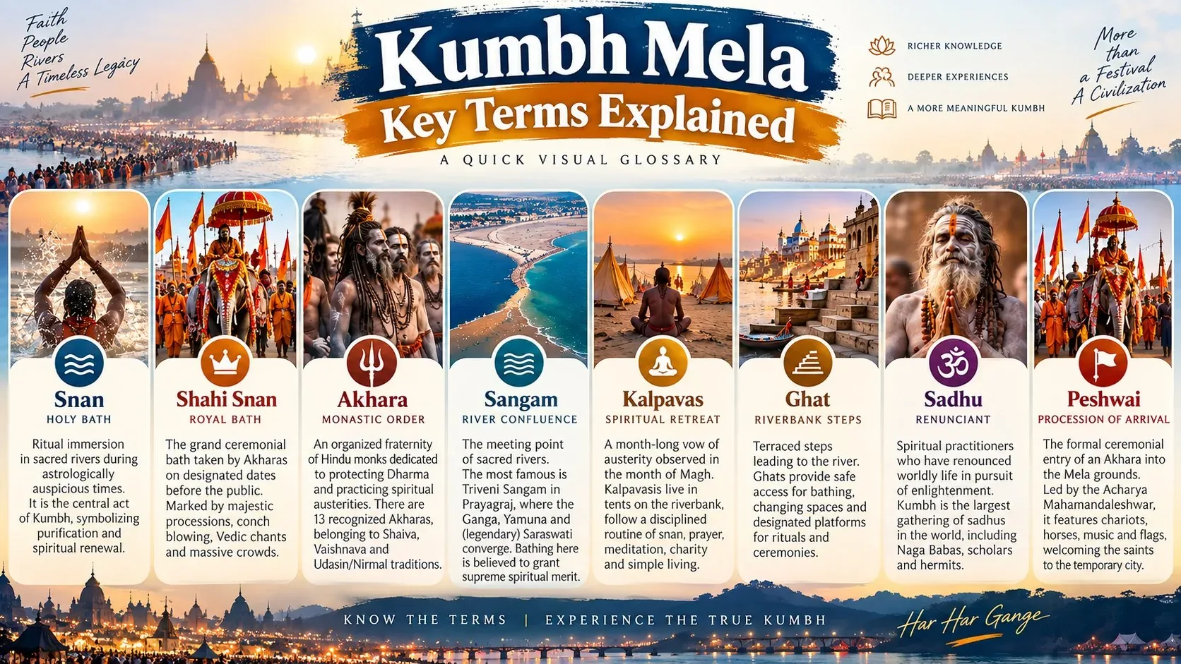 Infographic listing key Kumbh terms with icons