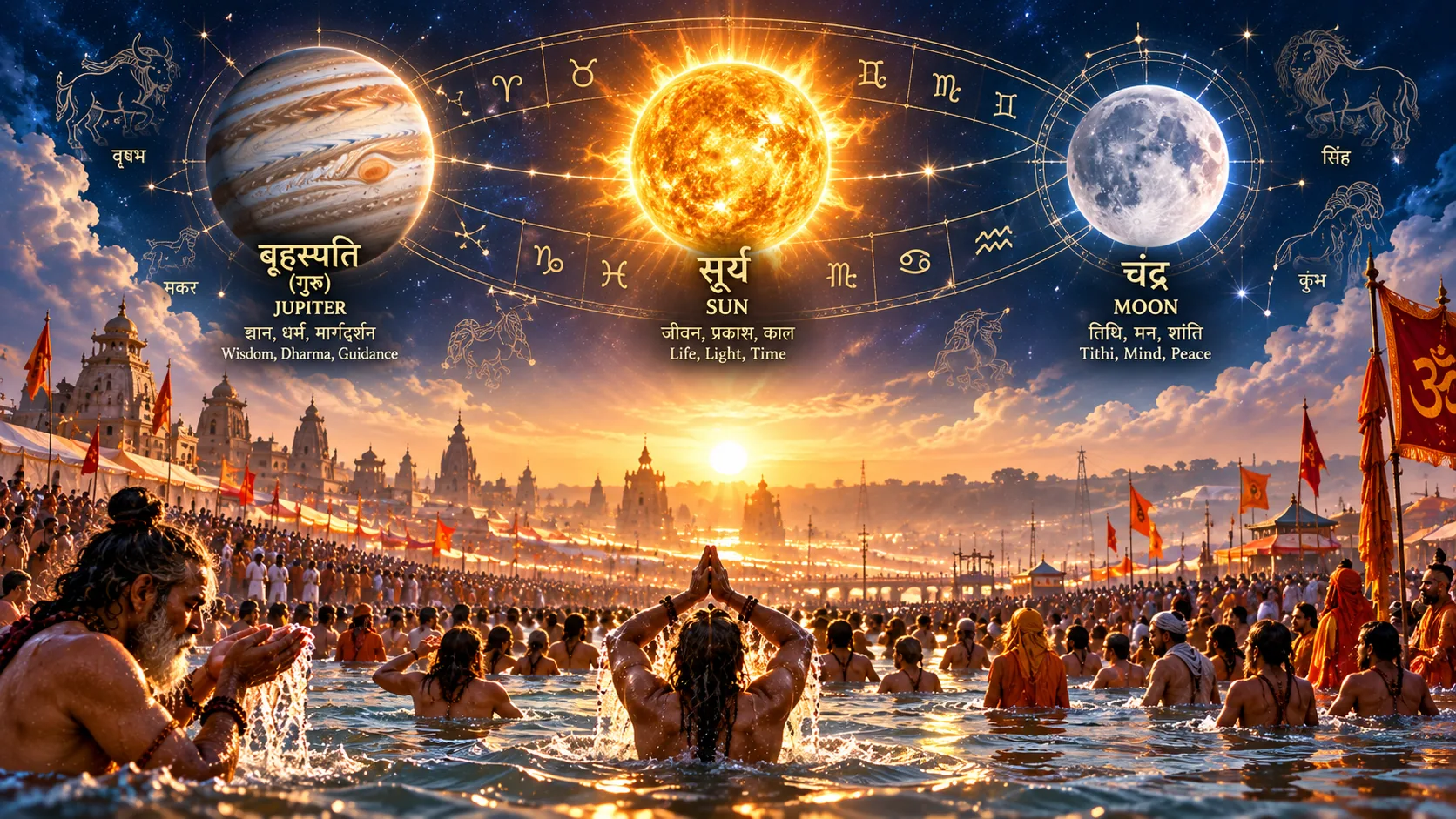 Jupiter, Sun, and Moon aligned above Kumbh Mela