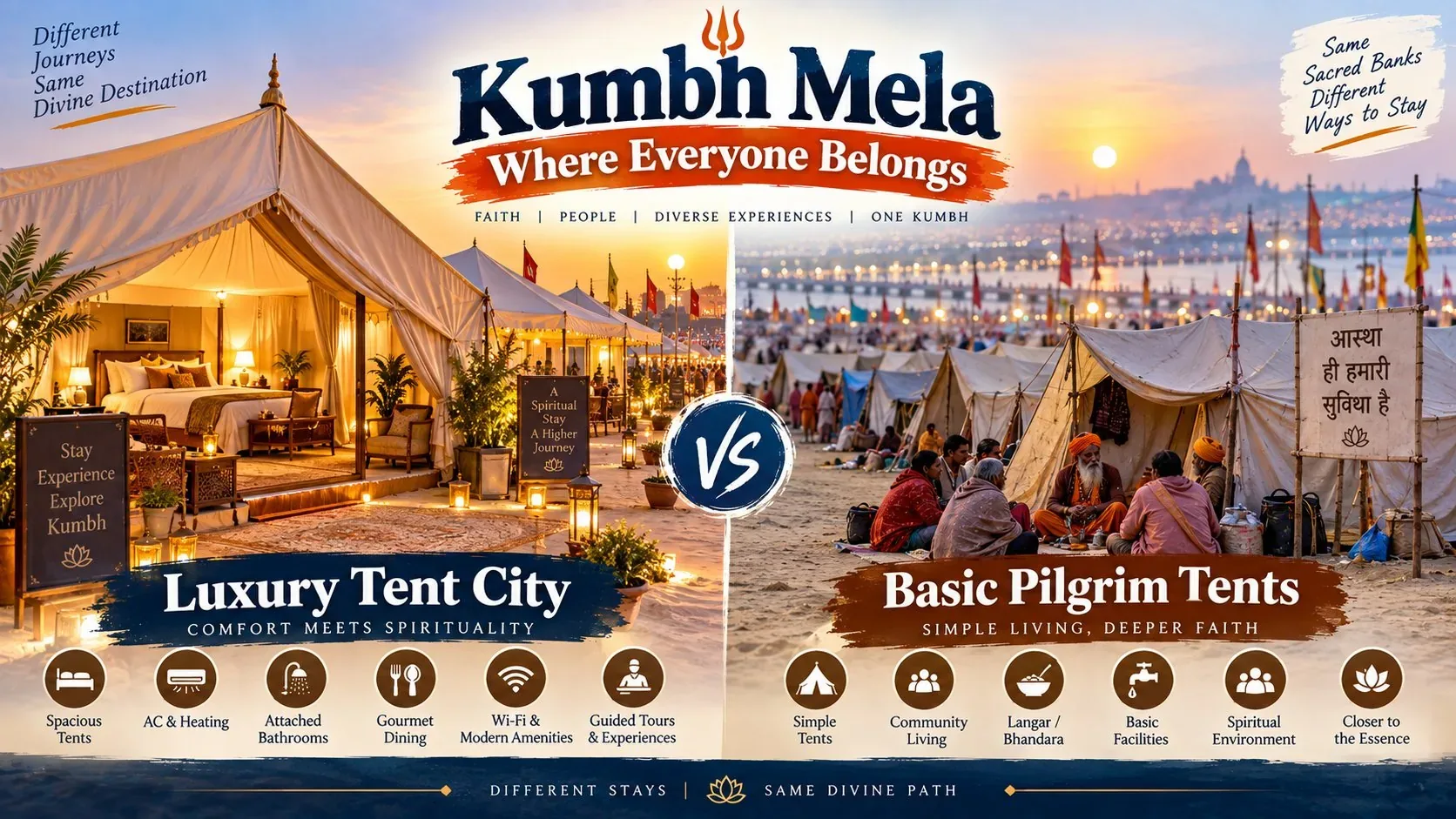 Luxury tent city vs basic pilgrim tents comparison