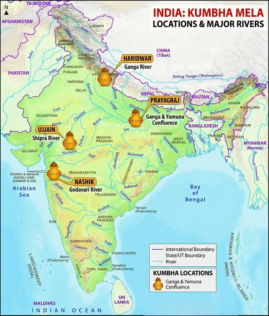 Map of India highlighting 4 Kumbh locations