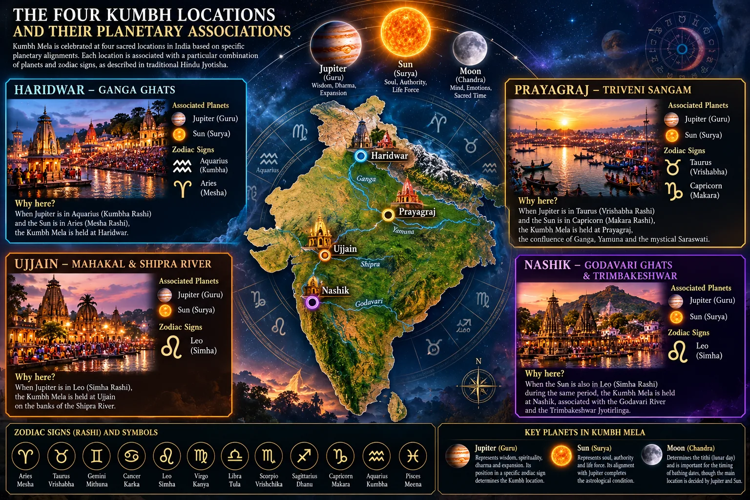 Map of India showing the four Kumbh locations and their traditional planetary associations