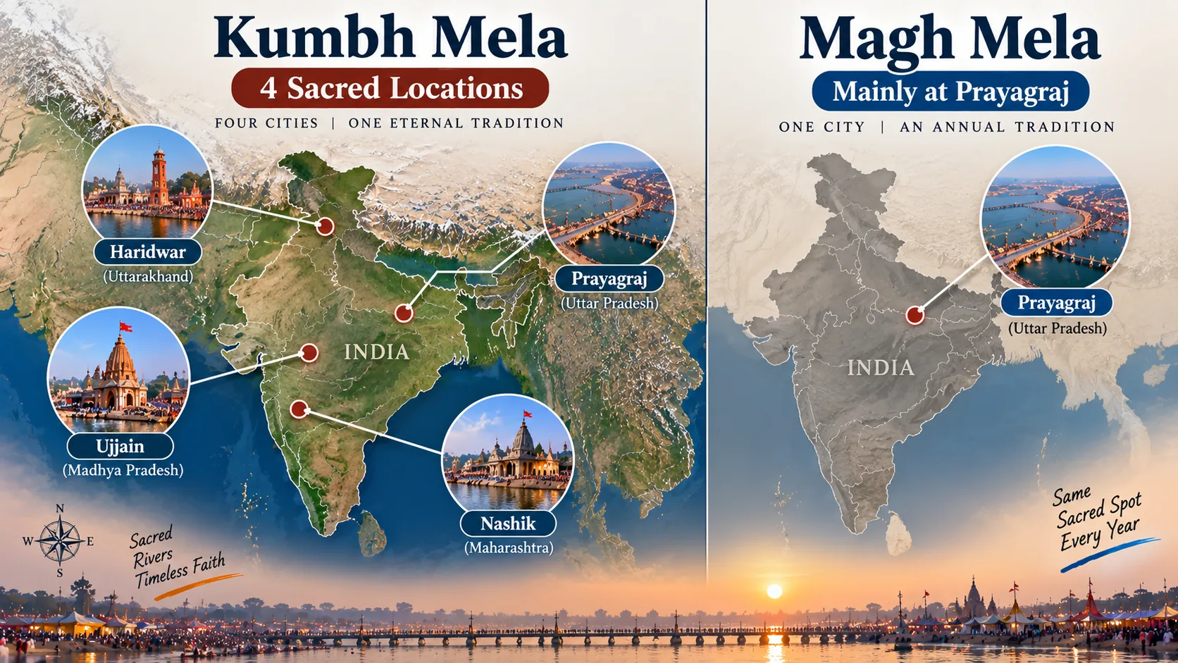 Map showing 4 Kumbh locations vs single Magh location