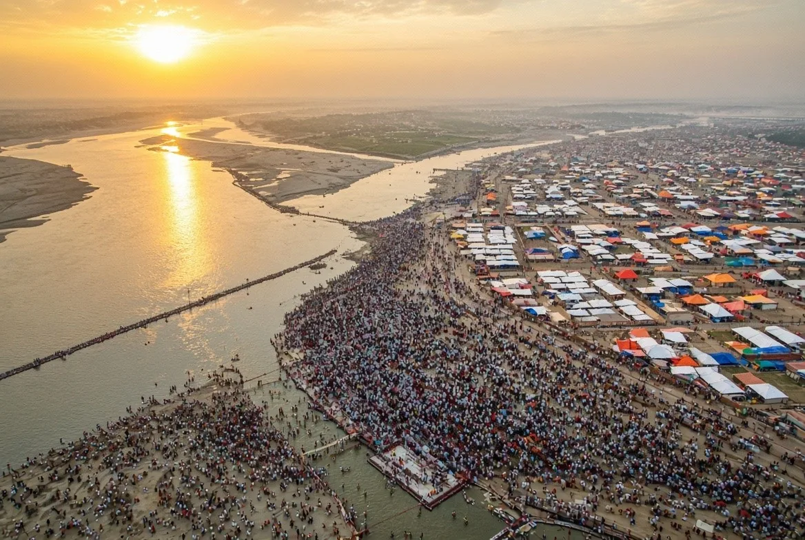 Massive aerial crowd at Sangam
