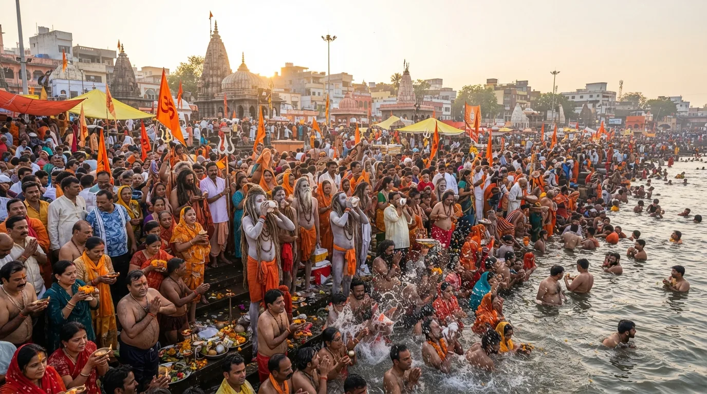 A massive crowd of pilgrims bathing and performing rituals in the Ganges River at Varanasi, India, with Hindu sadhus prominently featured in the foreground amidst temples and orange flags.
