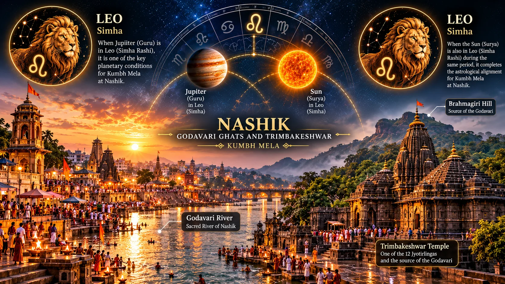 Nashik Godavari ghats and Trimbakeshwar with two Leo zodiac symbols