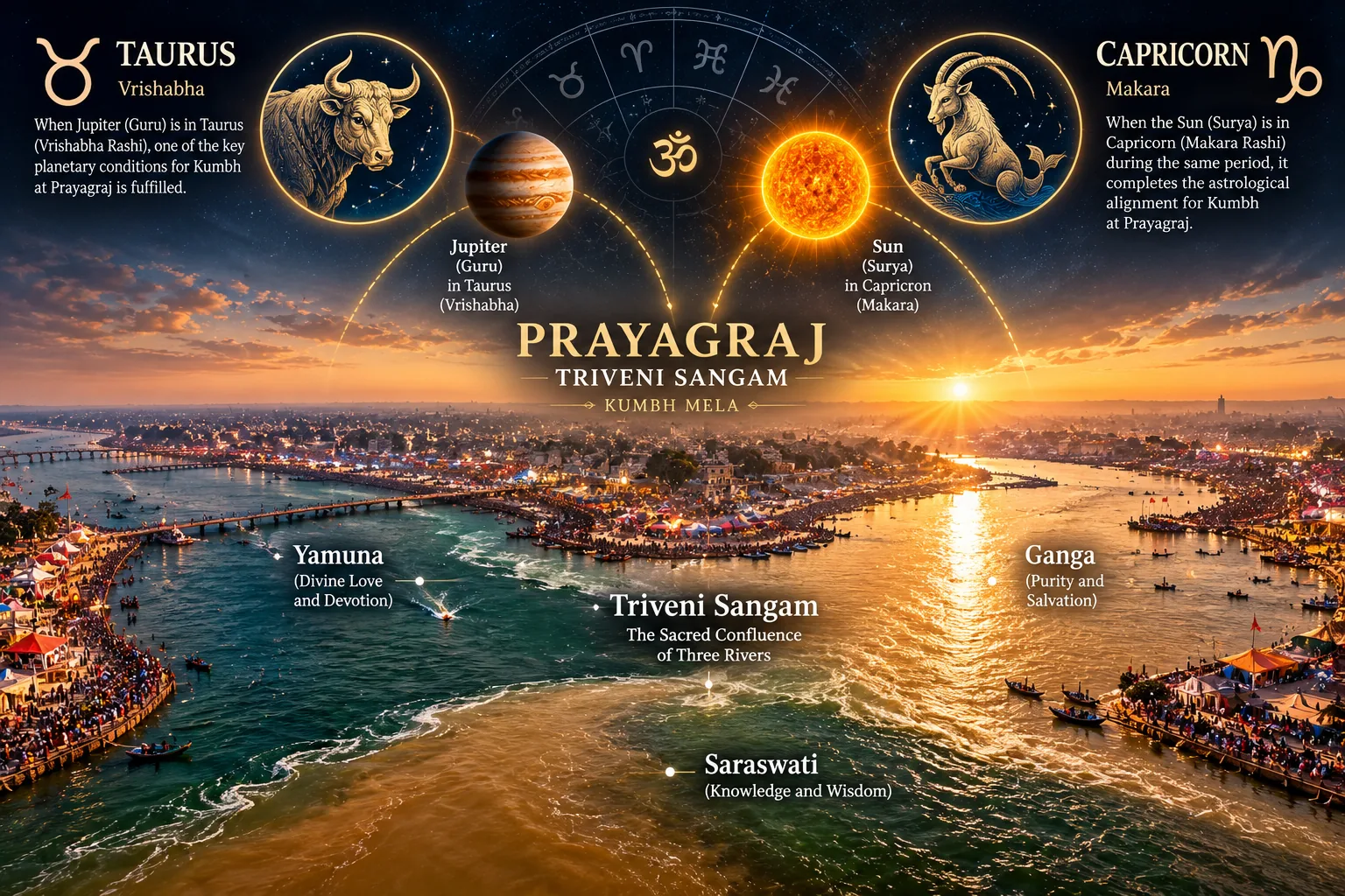 Triveni Sangam at Prayagraj with Taurus and Capricorn zodiac symbols