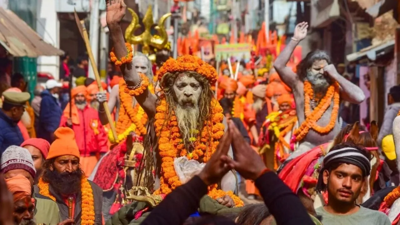 Procession with elephants, flags, and sadhus