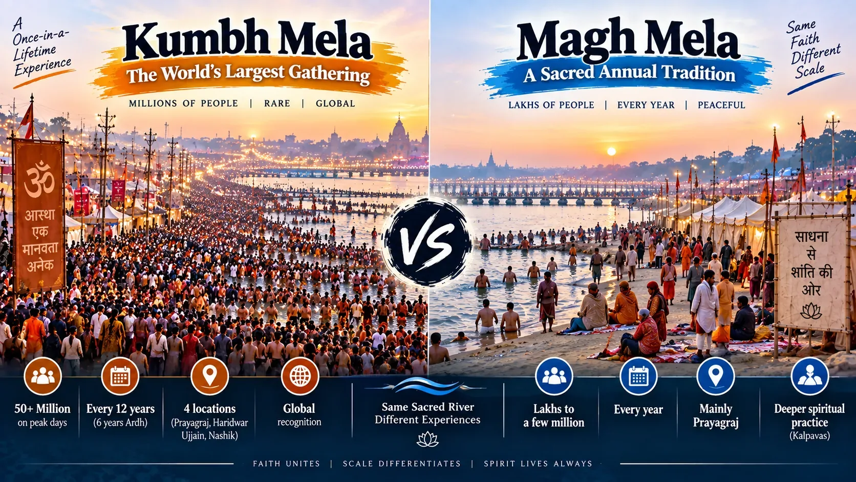 Side-by-side comparison of crowd size (Kumbh vs Magh)