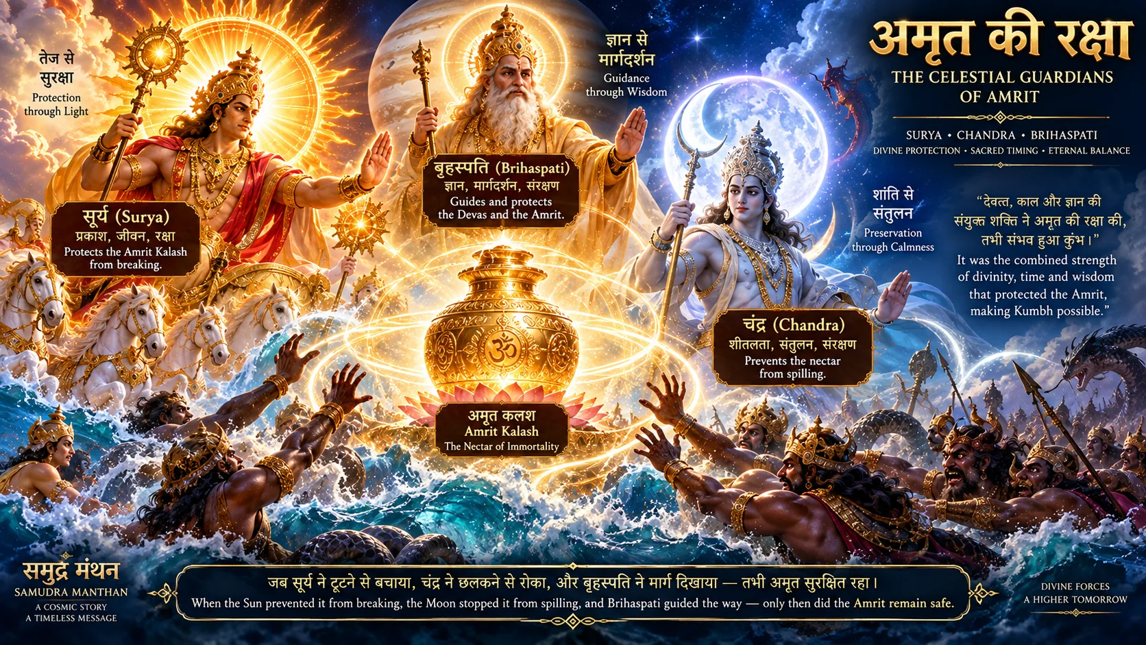 Sun, Moon and Guru depicted as divine entities guarding Amrit
