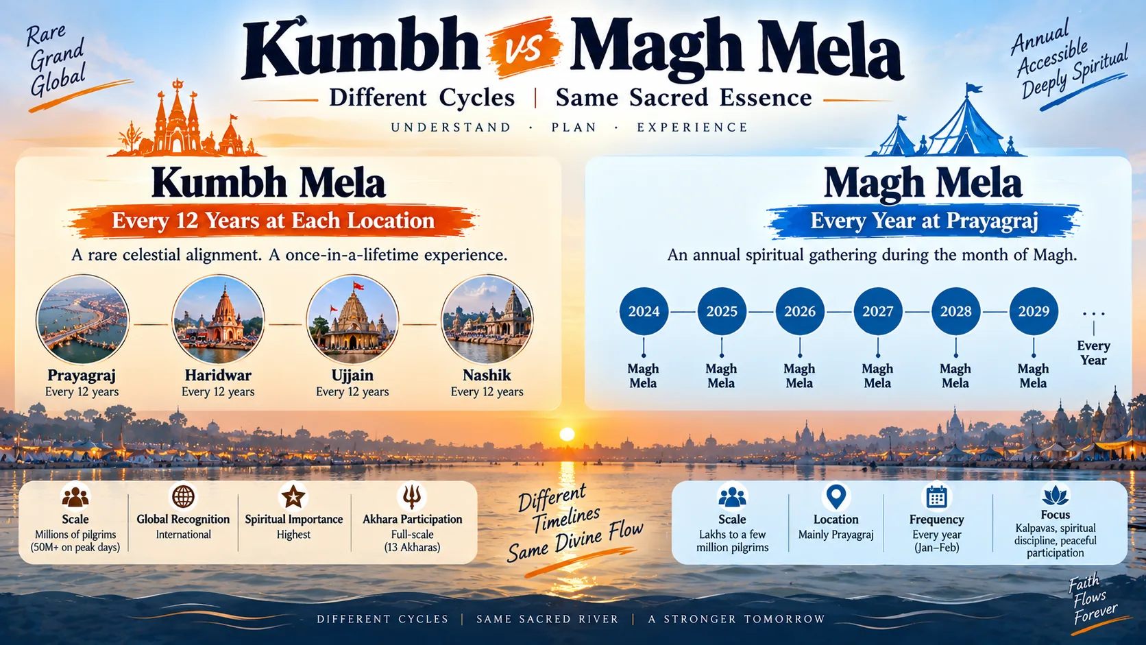 Timeline graphic showing Kumbh vs annual Magh cycles