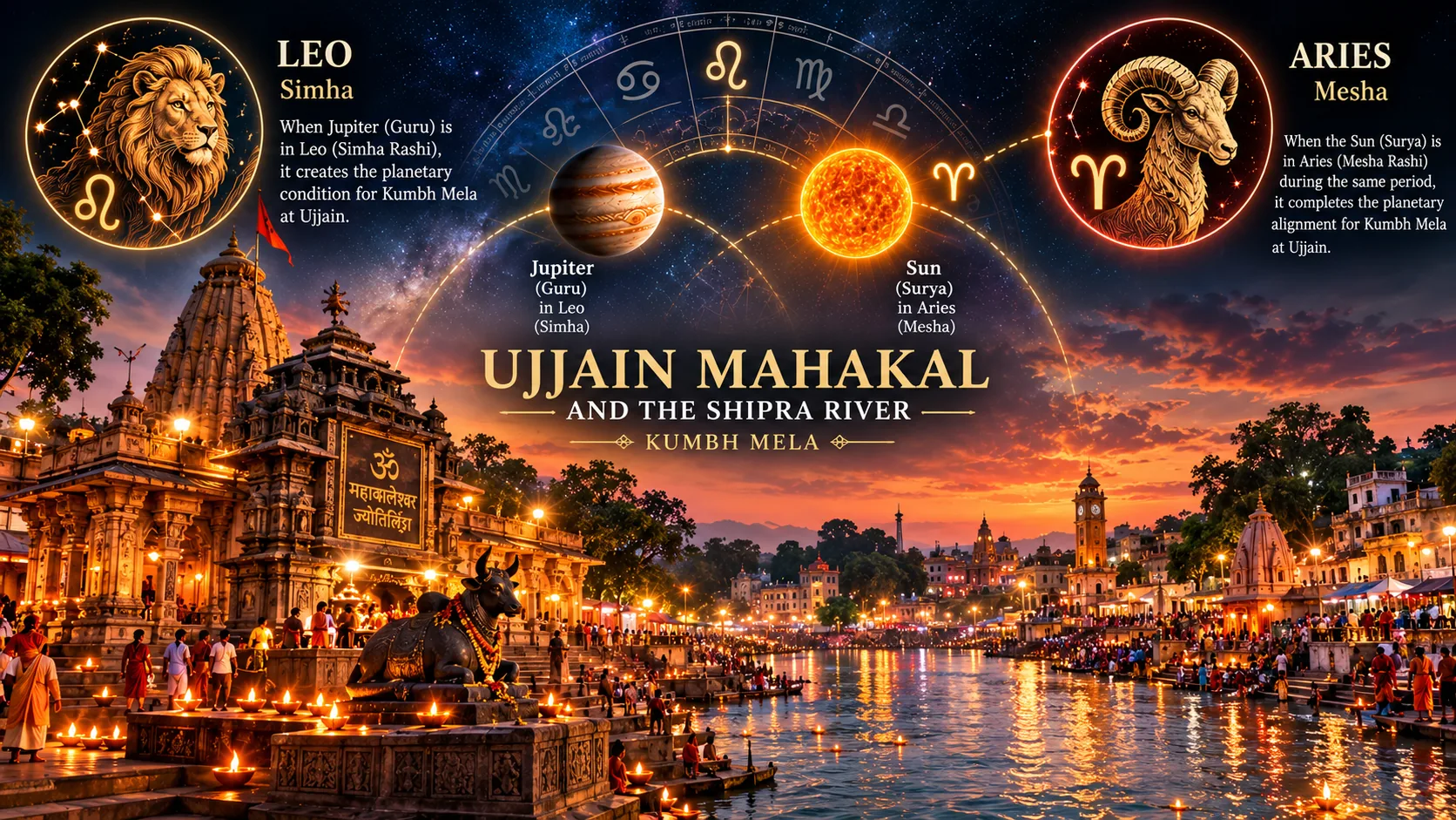 Ujjain Mahakal and Shipra River with Leo and Aries zodiac symbols